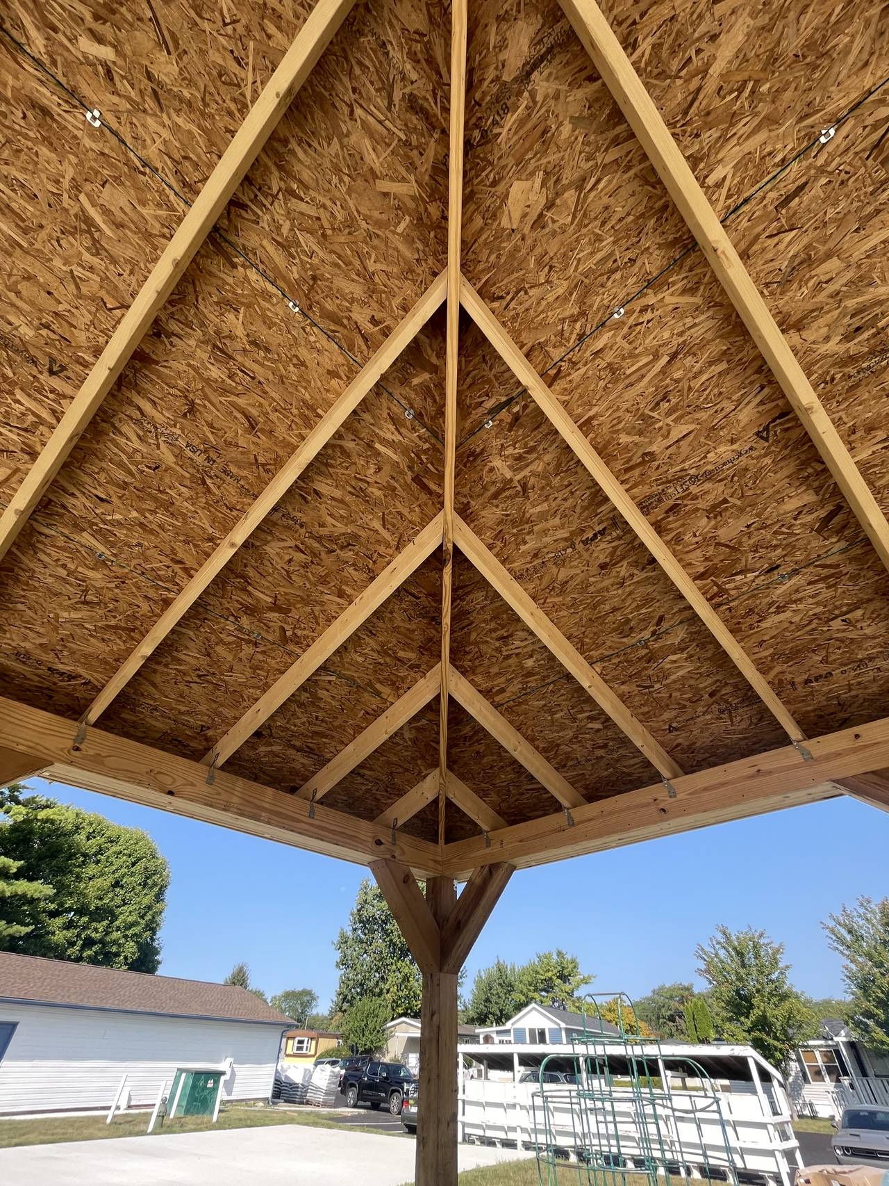 Underside of a gazebo roof frame during construction