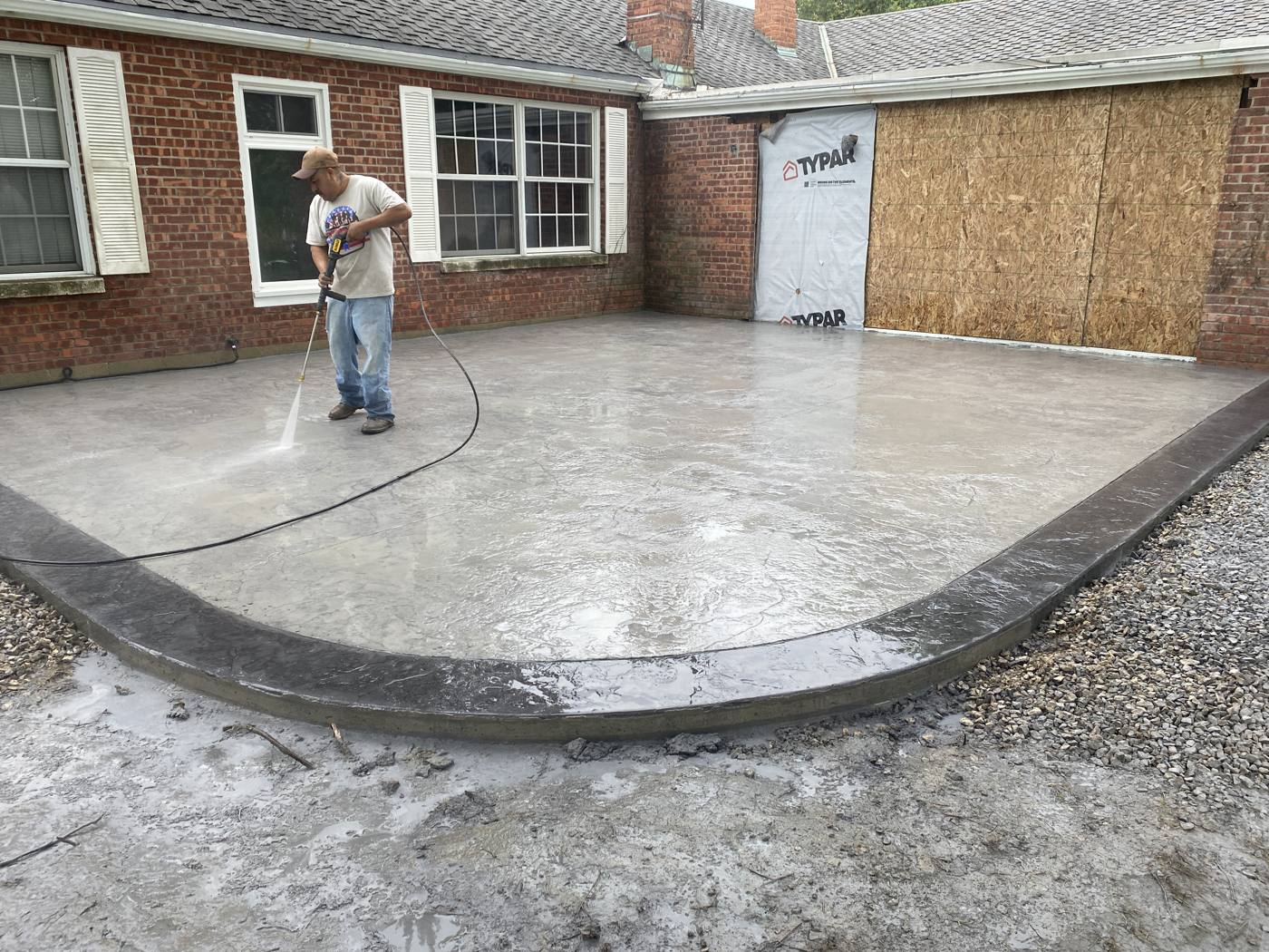 Natural slate stamped concrete patio installation, Marysville, Ohio